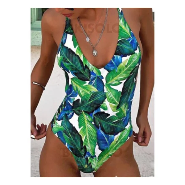 Bikisolo Femme Feuilles Imprimé Dos Nu Frais Une pièce Maillots De Bain