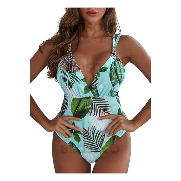 Bikisolo Femme Feuilles Imprimé À Bretelles Col V Bohème Une pièce Maillots De Bain