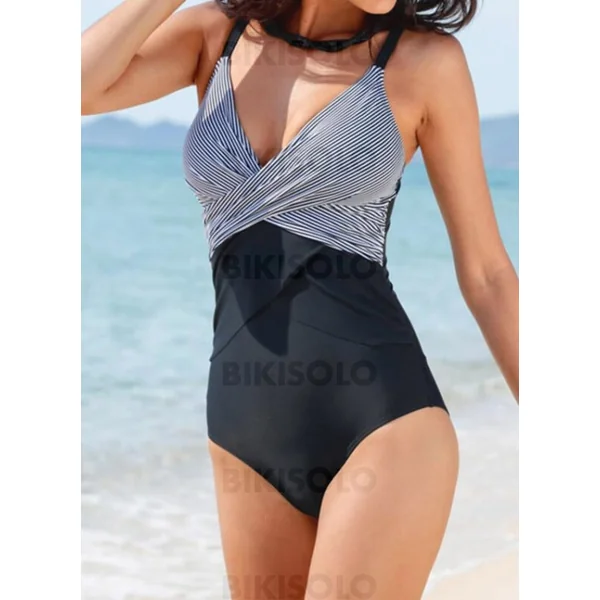 Bikisolo Femme Rayures Traverser À Bretelles Col V Sexy Jolis Une pièce Maillots De Bain