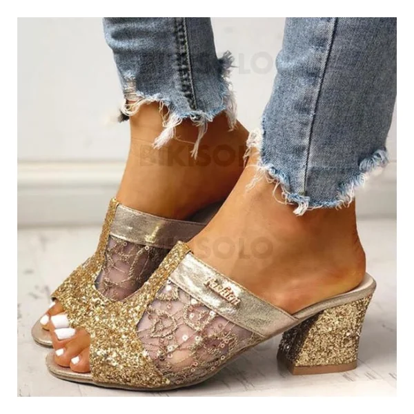 Bikisolo Femmes Mesh Talon bottier Sandales À bout ouvert Chaussons avec Paillette Ouvertes chaussures