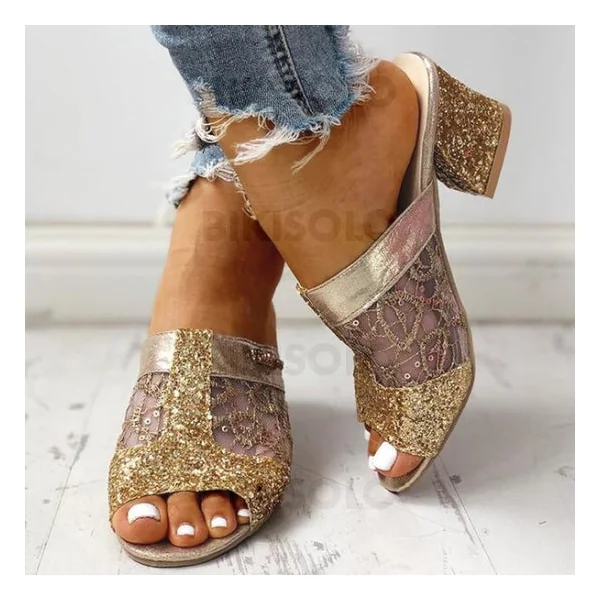 Bikisolo Femmes Mesh Talon bottier Sandales À bout ouvert Chaussons avec Paillette Ouvertes chaussures