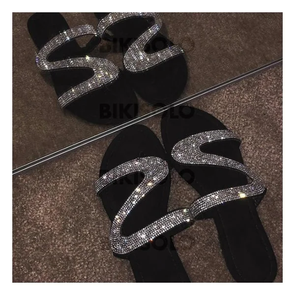 Bikisolo Femmes PU Talon plat Chaussons avec Paillette chaussures