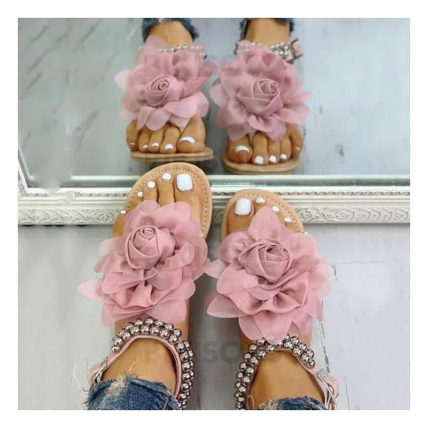 Bikisolo Femmes PU Talon plat Sandales avec Brodé Une fleur chaussures