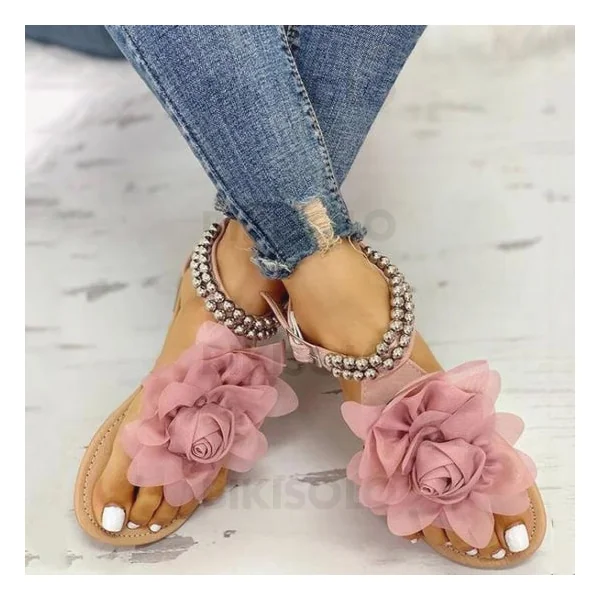 Bikisolo Femmes PU Talon plat Sandales avec Brodé Une fleur chaussures