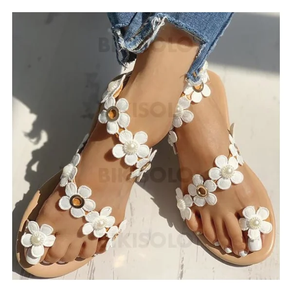 Bikisolo Femmes PU Talon plat Sandales avec Une fleur chaussures