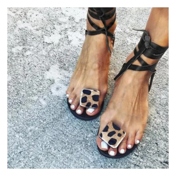 Bikisolo Femmes PU Talon plat Sandales À bout ouvert avec Dentelle chaussures