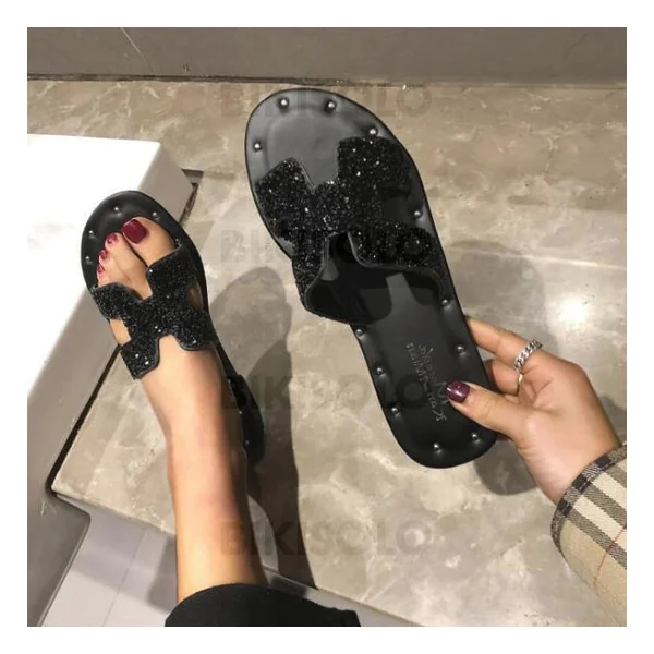 Bikisolo Femmes PU Talon plat Sandales À bout ouvert Chaussons avec Paillette Rivet chaussures