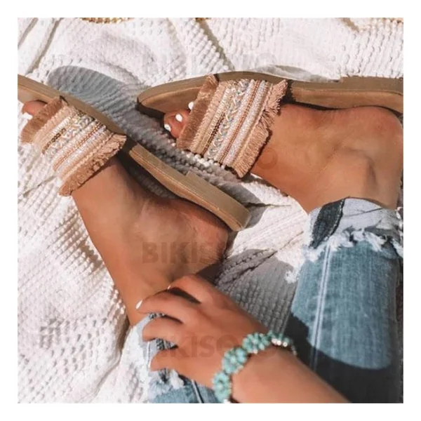 Bikisolo Femmes Similicuir Talon plat Sandales Chaussures plates À bout ouvert Chaussons avec Tassel chaussures