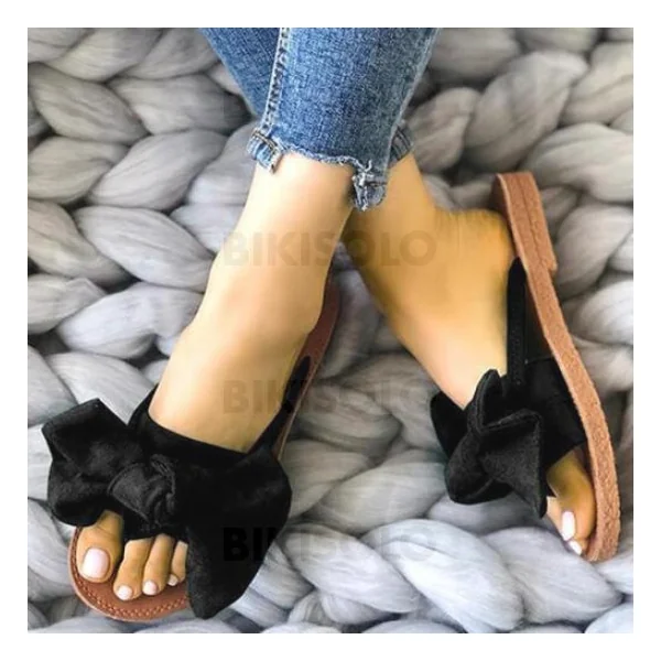 Bikisolo Femmes Suède Talon plat Sandales À bout ouvert Chaussons avec Bowknot chaussures