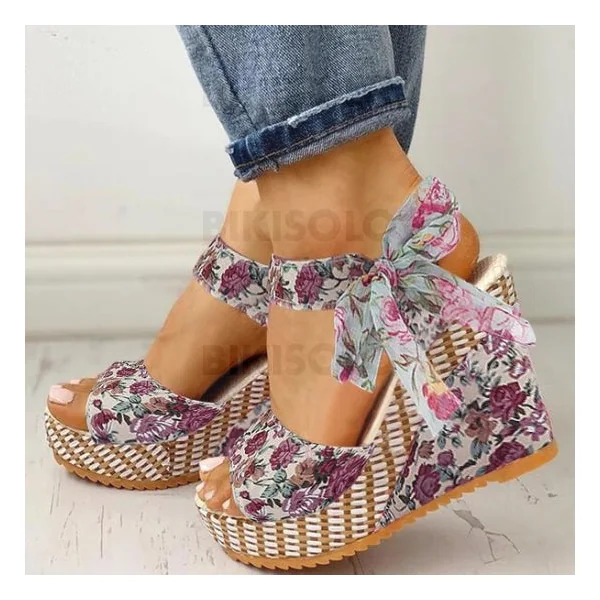Bikisolo Femmes Tissu Talon compensé Sandales À bout ouvert avec Bowknot chaussures