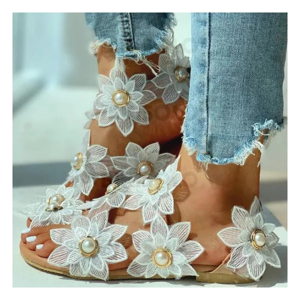 Bikisolo Femmes Tissu Talon plat Sandales À bout ouvert avec Perle d’imitation Une fleur chaussures