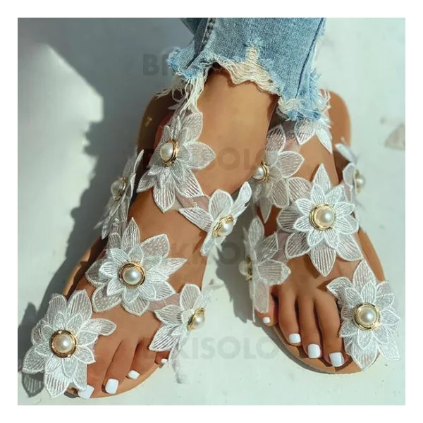 Bikisolo Femmes Tissu Talon plat Sandales À bout ouvert avec Perle d’imitation Une fleur chaussures