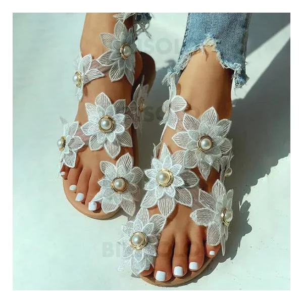 Bikisolo Femmes Tissu Talon plat Sandales À bout ouvert avec Perle d’imitation Une fleur chaussures
