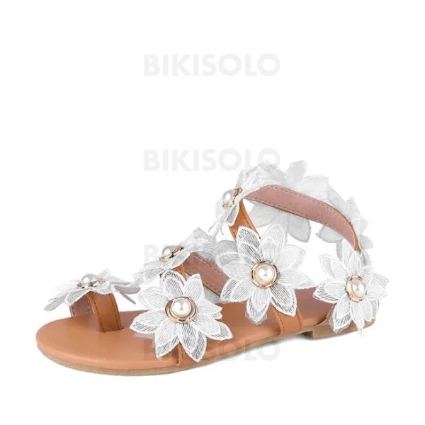 Bikisolo Femmes Tissu Talon plat Sandales À bout ouvert avec Perle d’imitation Une fleur chaussures