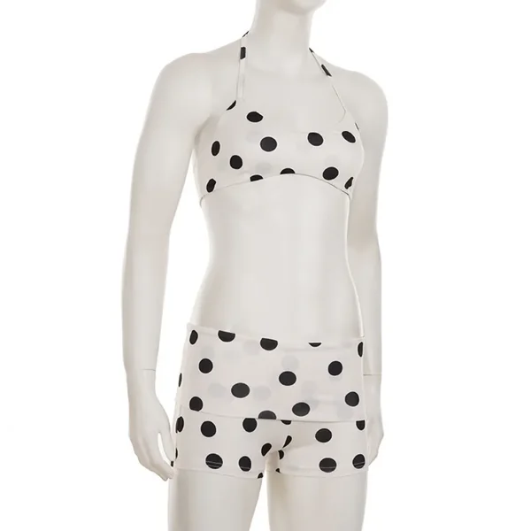 Casual Halter Neck Sling Bikini Suit Boxer Shorts Lace Up Swimwear Set Slim Fit Ruffled Polka Dot Swimsuit Beach