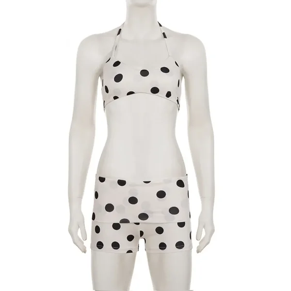 Casual Halter Neck Sling Bikini Suit Boxer Shorts Lace Up Swimwear Set Slim Fit Ruffled Polka Dot Swimsuit Beach