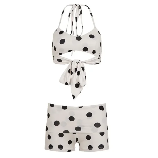 Casual Halter Neck Sling Bikini Suit Boxer Shorts Lace Up Swimwear Set Slim Fit Ruffled Polka Dot Swimsuit Beach