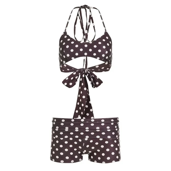 Casual Halter Neck Sling Bikini Suit Boxer Shorts Lace Up Swimwear Set Slim Fit Ruffled Polka Dot Swimsuit Beach