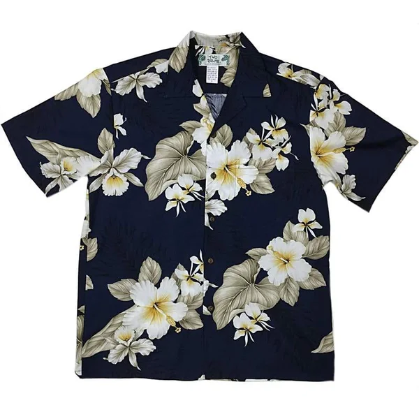 CHEMISE HAWAIIENNE TWO PALMS HIBISCUS NAVY TREND (Disponible jusqu’à 4XL)