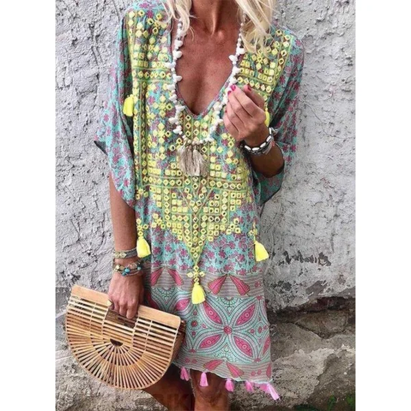 Robe de plage avec pompons Col V Vintage