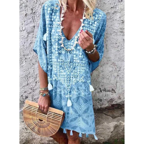 Robe de plage avec pompons Col V Vintage