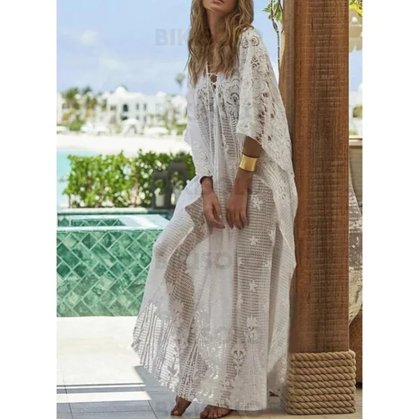 Robe longue de plage Couleur Unie Col V Bohème