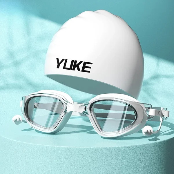 Swimming Goggles Cap Adult HD Anti Fog Swimming Goggles Set Waterproof Silicone Swim Glasses with Earplugs Anti-UV Swim Eyewear
