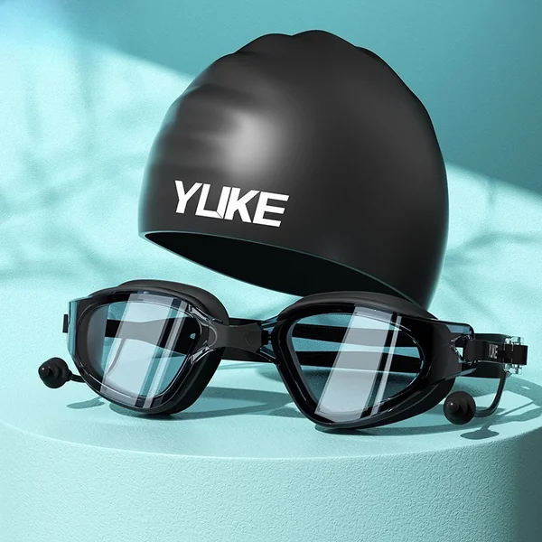 Swimming Goggles Cap Adult HD Anti Fog Swimming Goggles Set Waterproof Silicone Swim Glasses with Earplugs Anti-UV Swim Eyewear