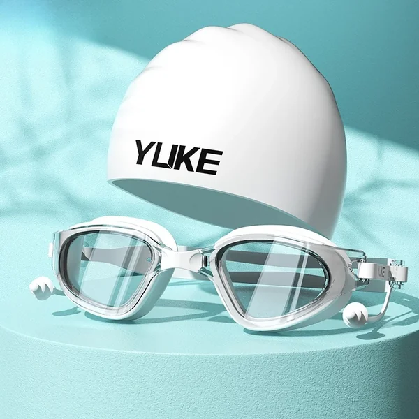 Swimming Goggles Cap Adult HD Anti Fog Swimming Goggles Set Waterproof Silicone Swim Glasses with Earplugs Anti-UV Swim Eyewear