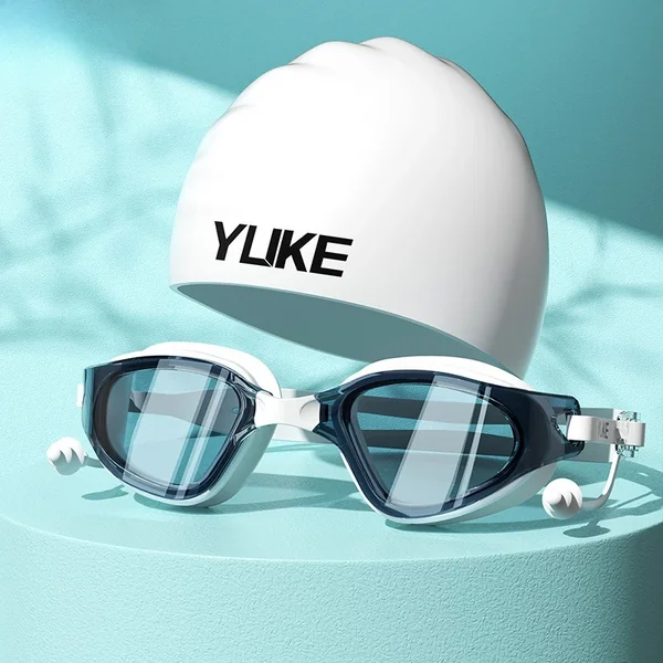 Swimming Goggles Cap Adult HD Anti Fog Swimming Goggles Set Waterproof Silicone Swim Glasses with Earplugs Anti-UV Swim Eyewear