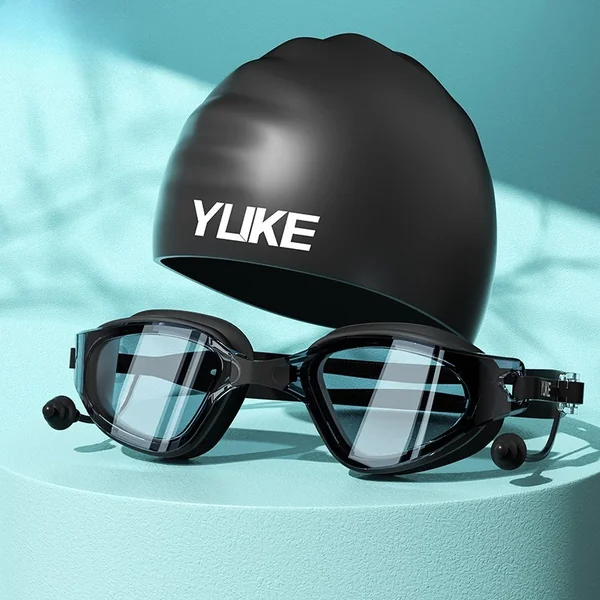 Swimming Goggles Cap Adult HD Anti Fog Swimming Goggles Set Waterproof Silicone Swim Glasses with Earplugs Anti-UV Swim Eyewear